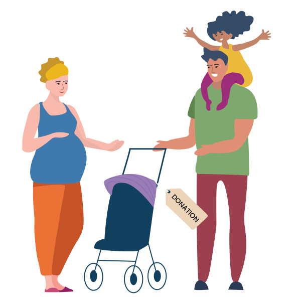 illustration of adult and child donating a buggy to a pregnant person