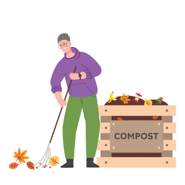 Illustration of person raking leaves for their compost heap