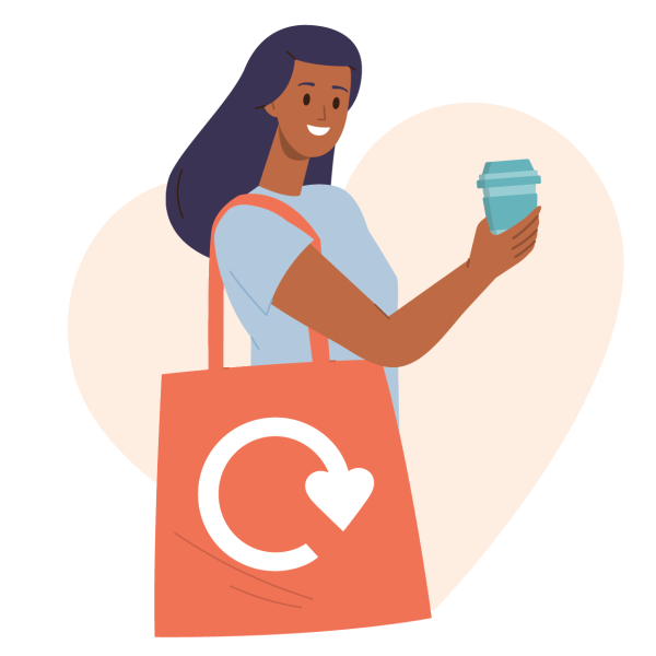 Illustration of person holding reusable coffee cup and bag.