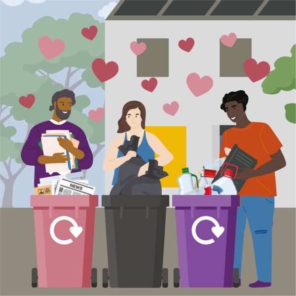 Illustrated people sorting their waste and recycling into coloured containers in front of a house and trees.